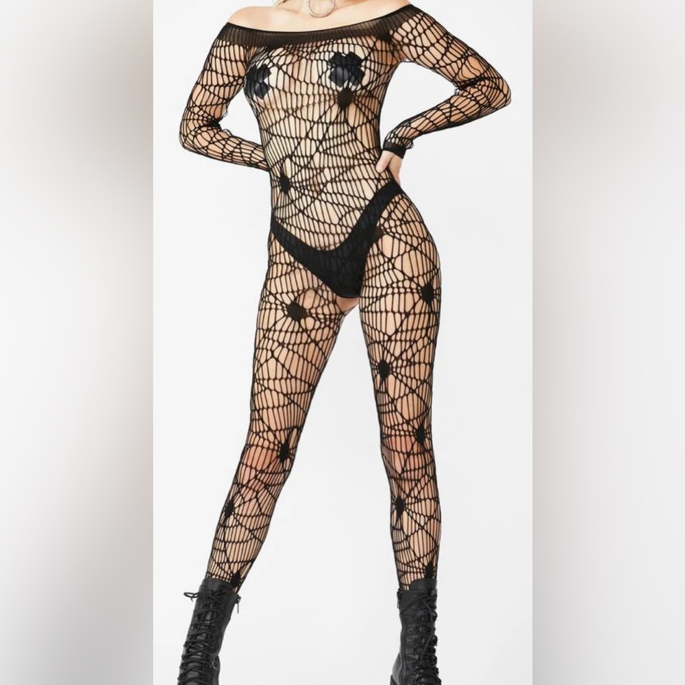Music Legs Black Spiderweb Floral Fishnet Bodysuit